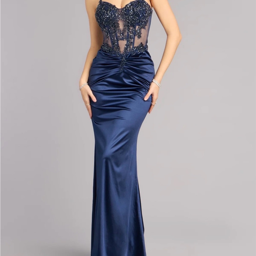 Windsor Navy Blue Beaded Satin Mermaid Prom Dress